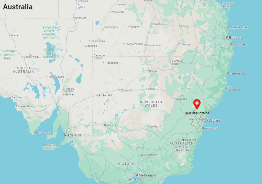 Map of southeastern Australia, showing the location of the Blue Mountains near Sydney.