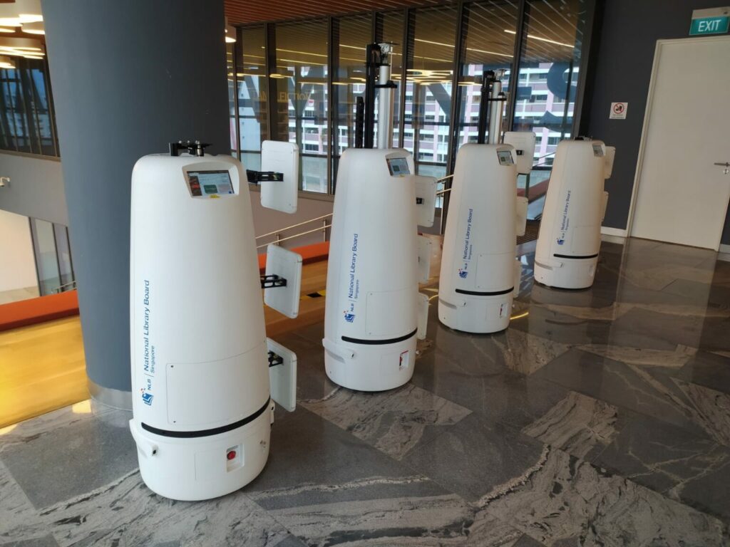 Fleet of autonomous Senserbot robots at Singapore’s National Library Board