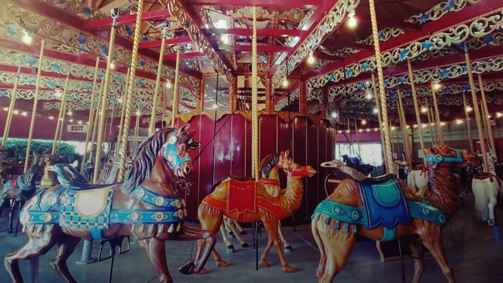 Hand-carved animals on the historic Lakeside Park Carousel in St. Catharines, Ontario